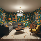 Atomic Serenade Wallpaper with retro pattern of mid-century shapes against a teal background.
