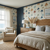 Palm tree patterned wallpaper with blue, orange, and green trees, styled in a bedroom.