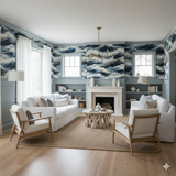 Midnight Tides Wallpaper with blue wave pattern, covering the walls of a living room.

