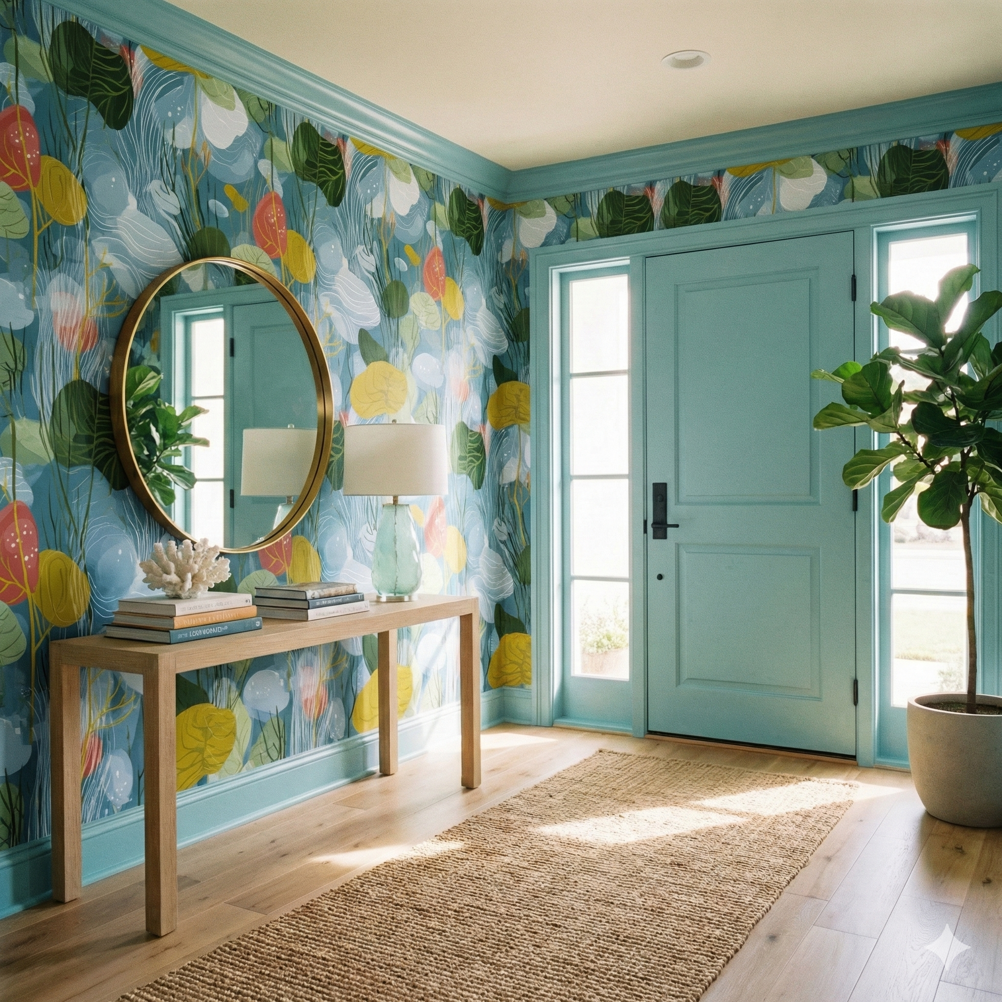 Colorful floral Tidewaltz Wallpaper with blue accents, covering the wall behind a wooden table with books and a round mirror.