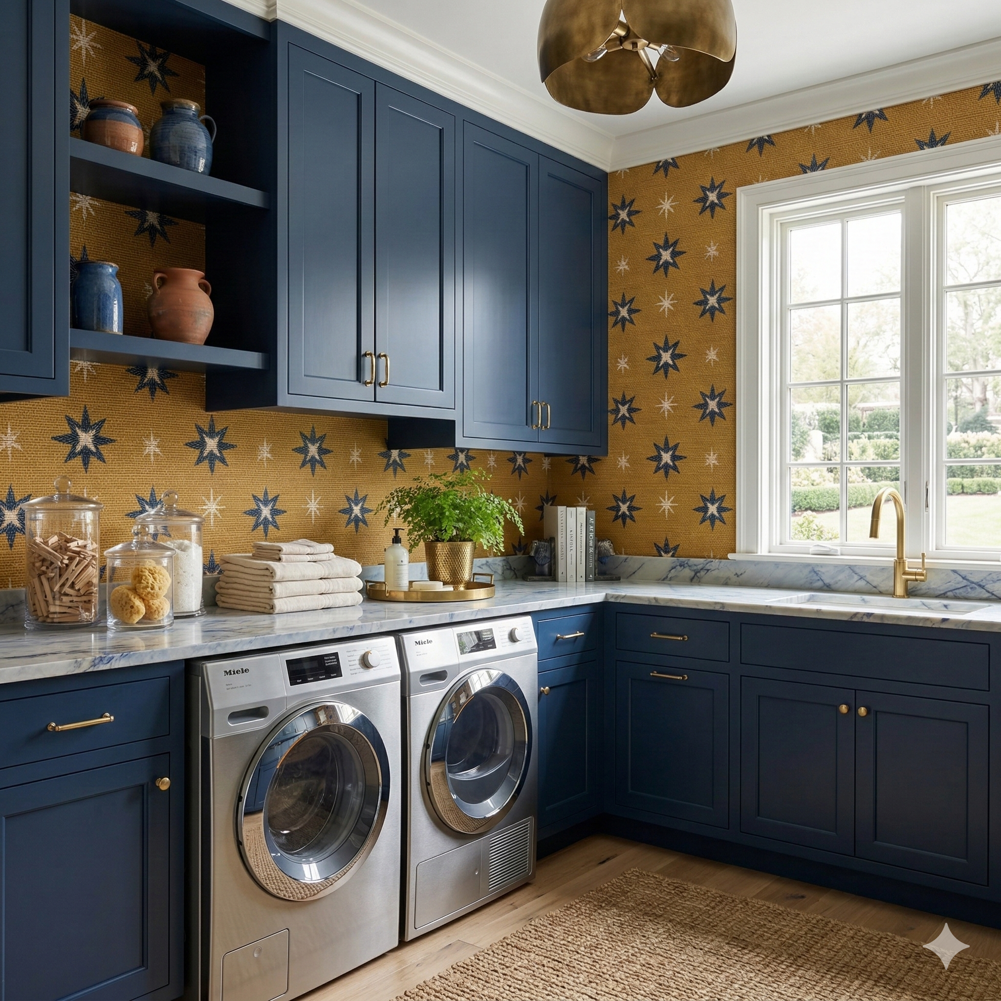Patterned wallpaper by unknown vendor, with stars on a yellow textured background, in a laundry room.
