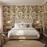 Floral dog print wallpaper with roses, pattern featuring Maltese dogs.
