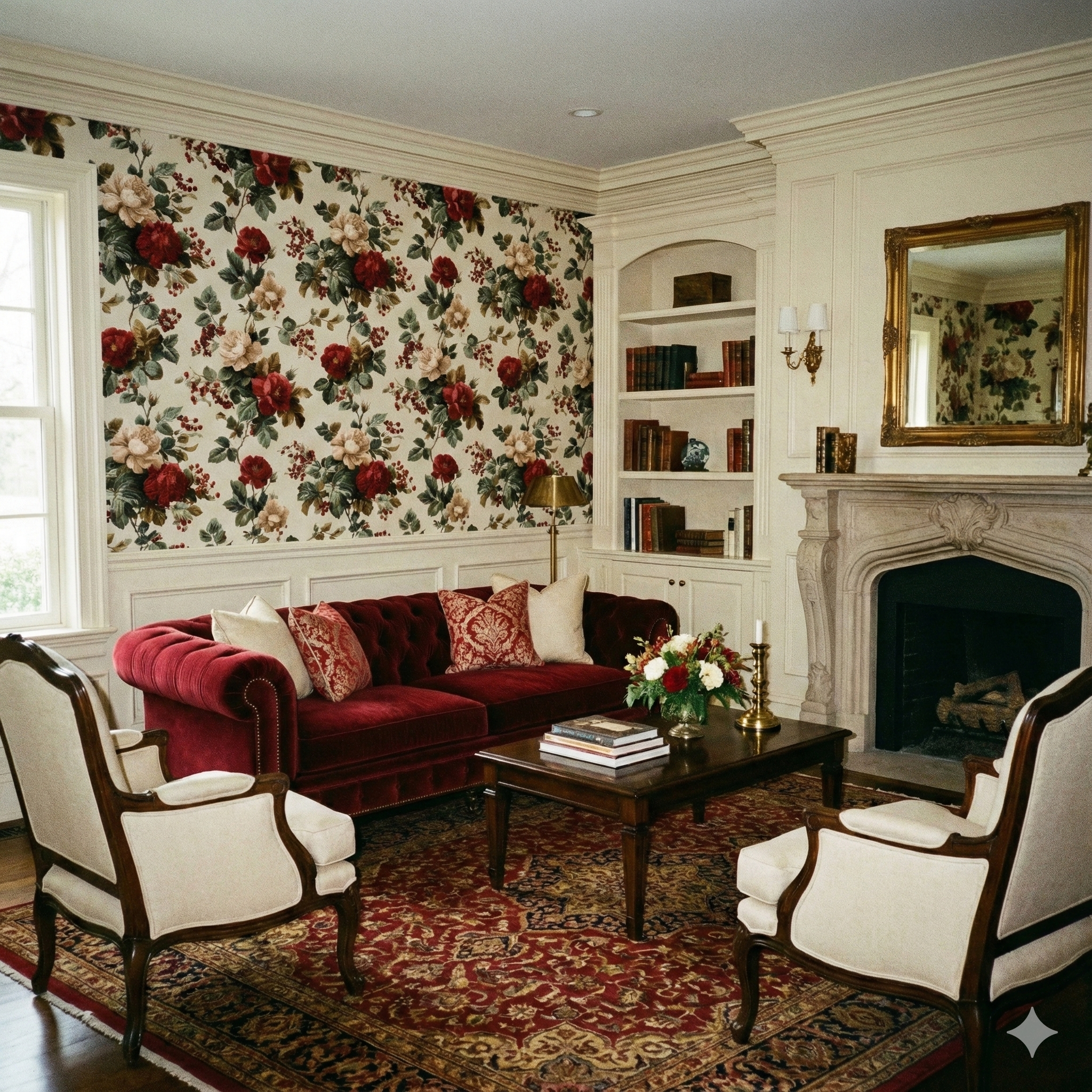 Floral Briarberry Parlour Wallpaper with red roses, set in a classically decorated parlor-style room.
