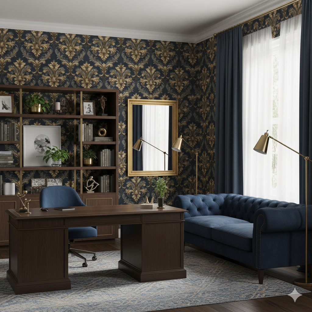 Imperial Crest wallpaper featuring damask pattern in gold and navy