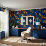 Blue parrot print wallpaper with botanical accents, covering the entire wall.