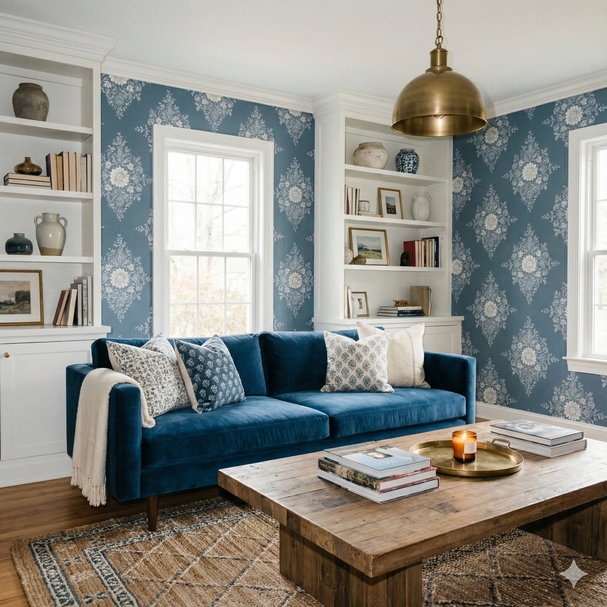 Blue floral Slate Lace Botanique Wallpaper featuring botanical pattern, damask motif.