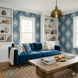 Blue floral Slate Lace Botanique Wallpaper featuring botanical pattern, damask motif.