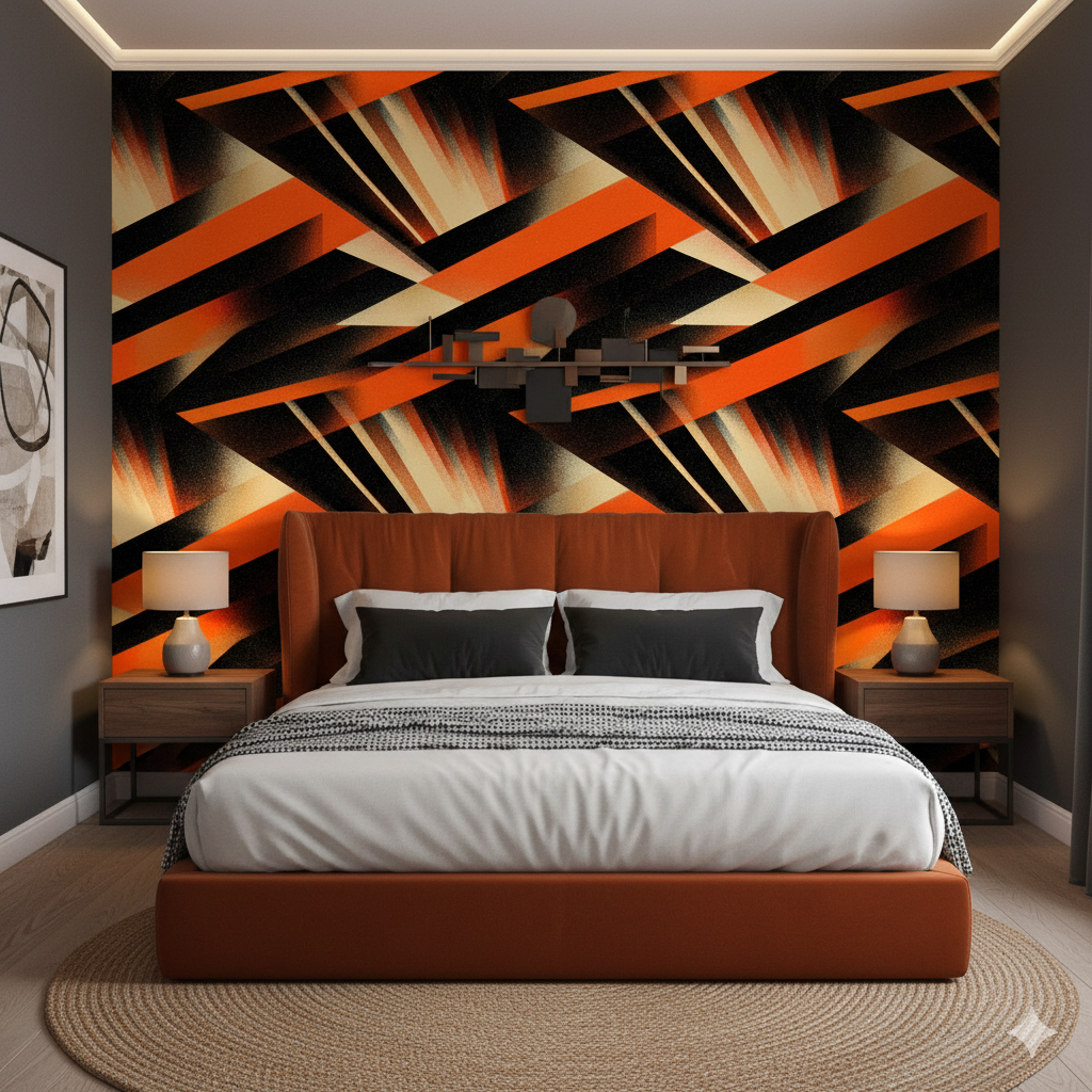 Voltage wallpaper with a geometric pattern, in orange, black, and beige.