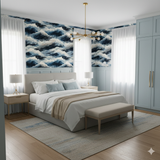 Midnight Tides wallpaper with blue wave pattern on the wall behind a modern bedroom setup.

