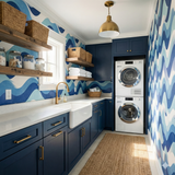 Blue wave pattern wallpaper by Milton & King, covering the walls of a laundry room.
