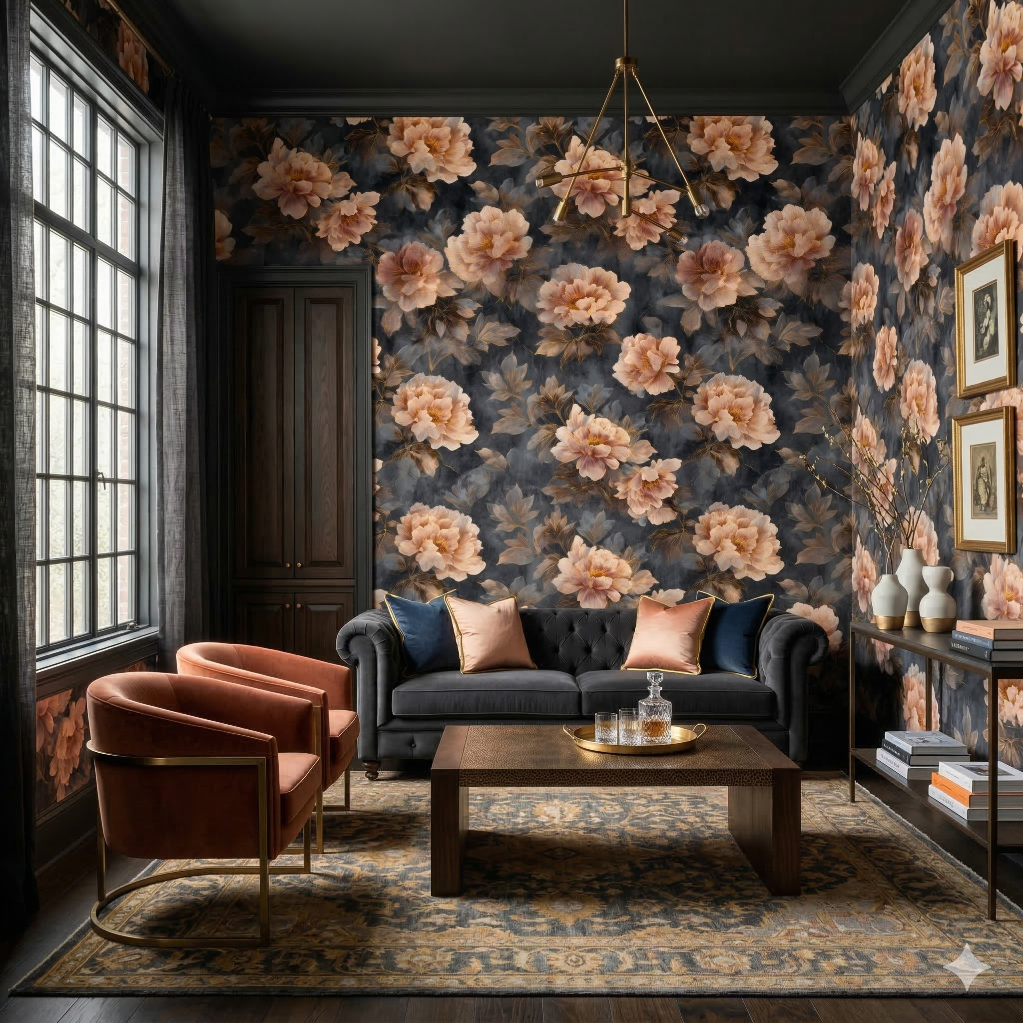 Floral patterned Velours Étoilé Wallpaper with peach blooms and dark moody leaves.