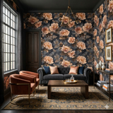 Floral patterned Velours Étoilé Wallpaper with peach blooms and dark moody leaves.