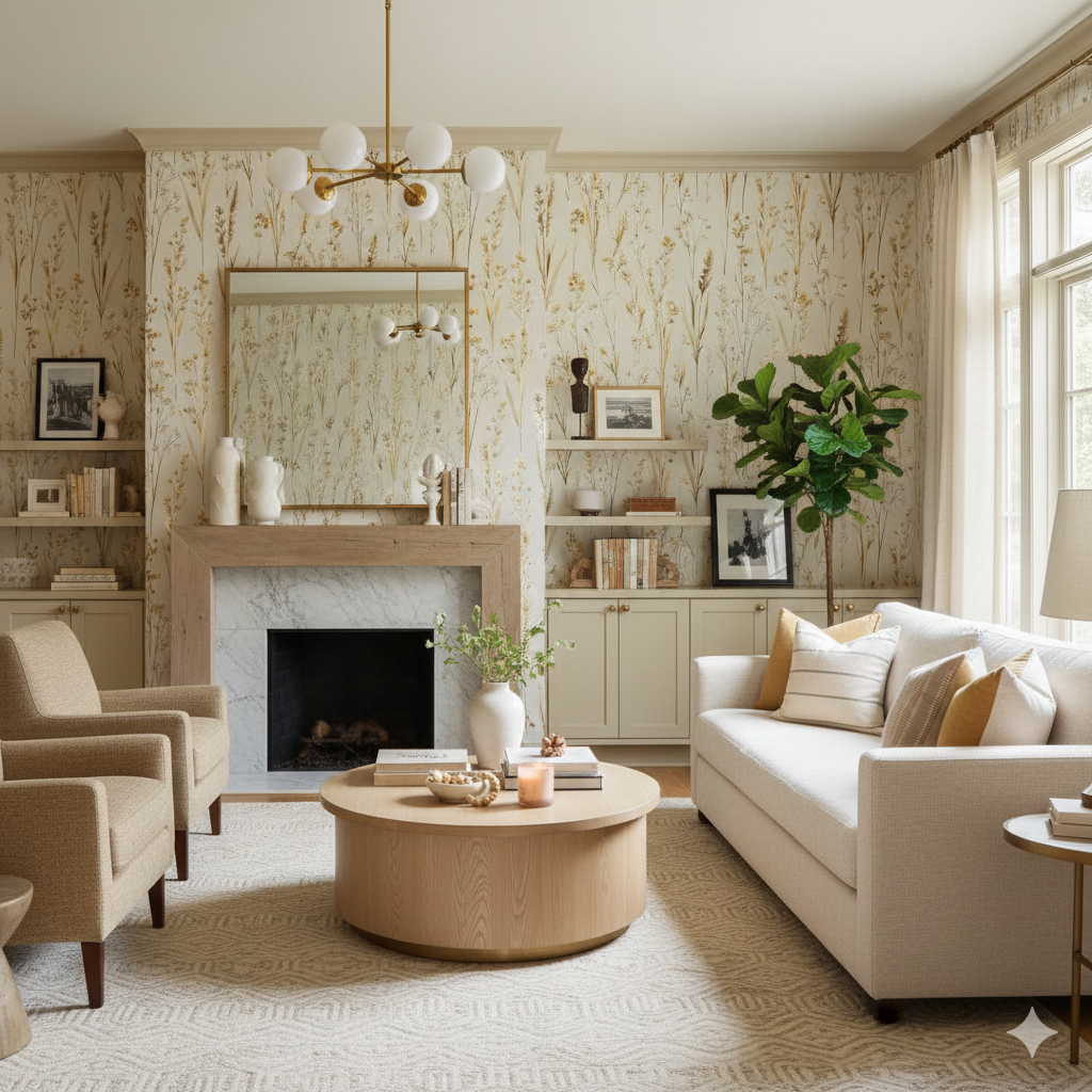 Golden Meadowwright Wallpaper with a field grass pattern, covering the living room walls.