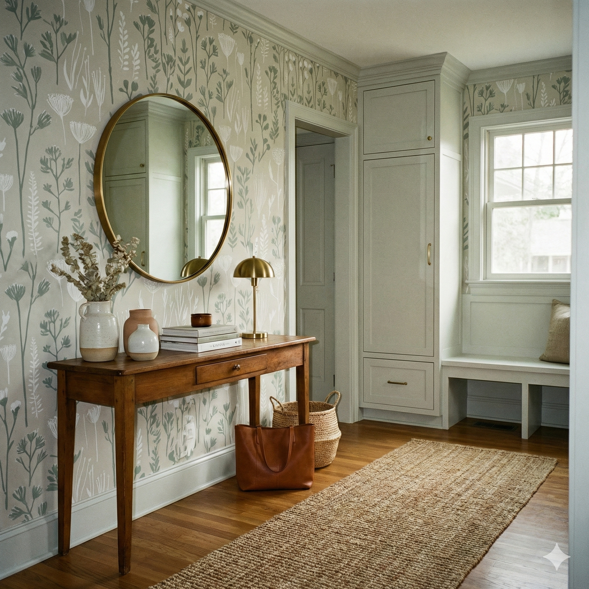 Floral pattern Aalto Meadow Wallpaper with delicate foliage design, set in a vintage-inspired hallway.
