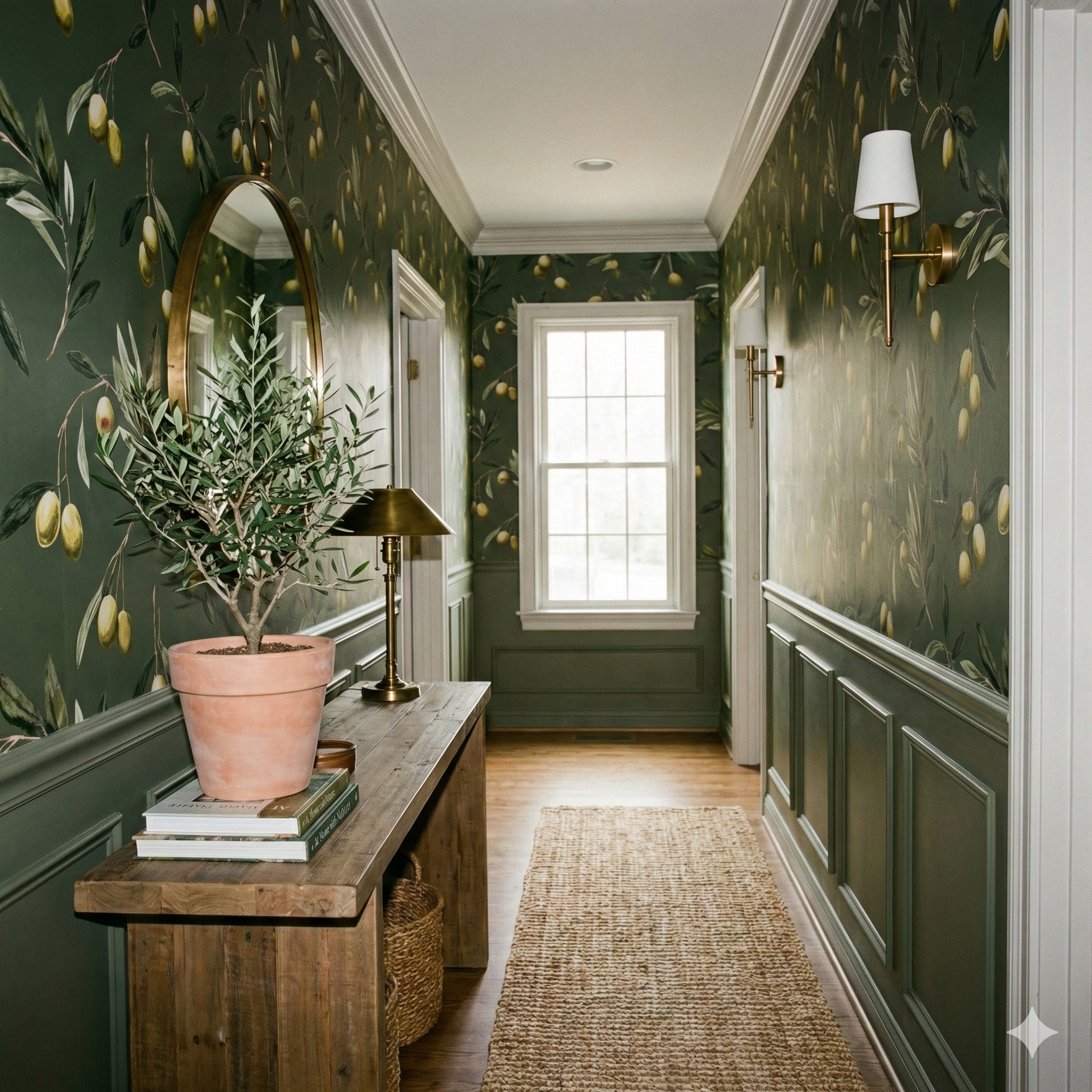 Olive branch Valdora Grove Wallpaper with green and yellow pattern, adorning a hallway with olive tree and a mirror on the table.
