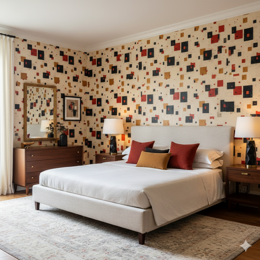 Signal Variations wallpaper with geometric pattern on the bedroom wall.