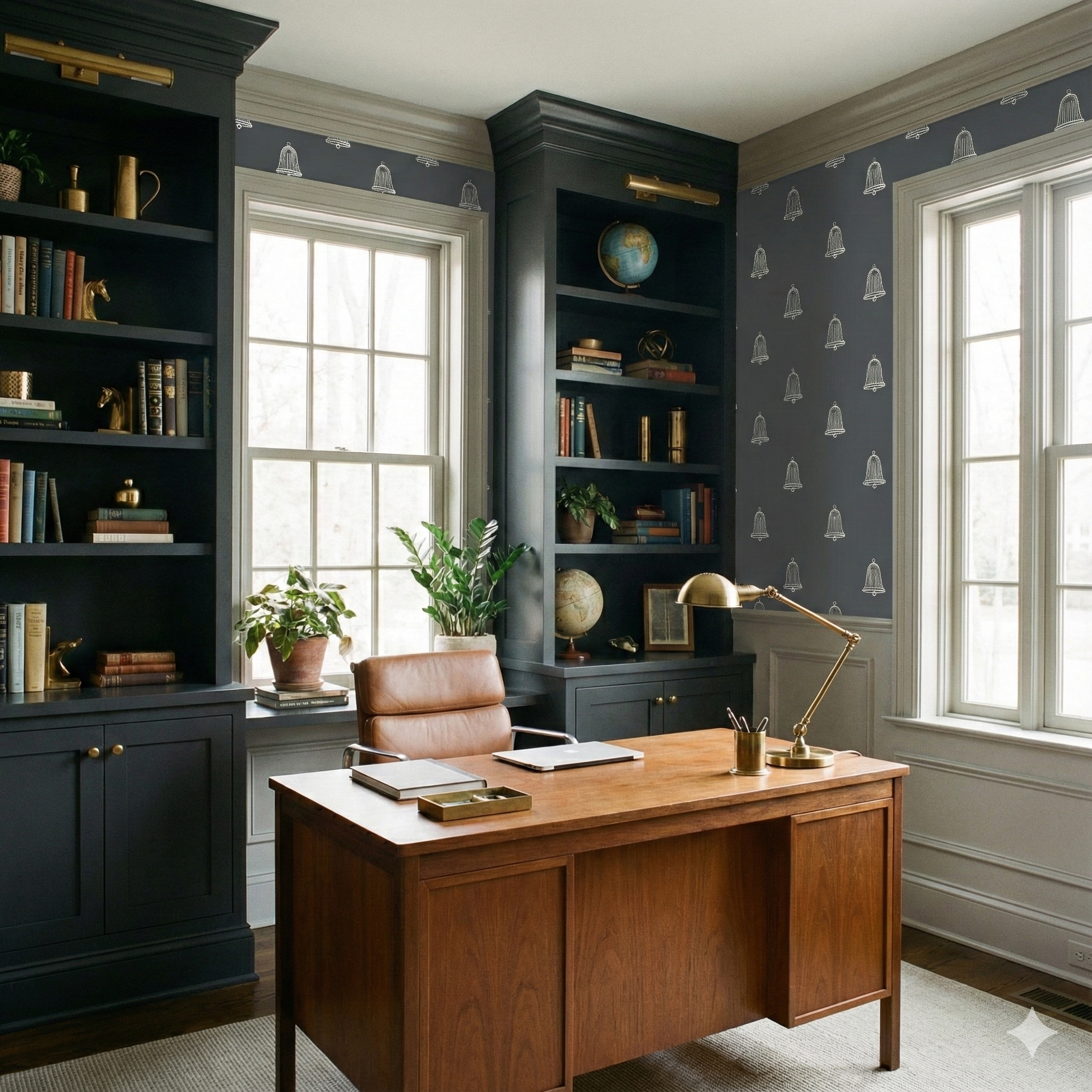 Harborsong Bells Wallpaper with a repeating white bell pattern on dark blue background.
