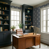 Harborsong Bells Wallpaper with a repeating white bell pattern on dark blue background.