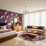 Rouge peony wallpaper with floral pattern, covering a wall, with a gold mirror above a wooden dresser.
