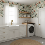 Floral wallpaper with Dalmatian pattern, featuring magnolias and ashcroft blooms, with light green background.
