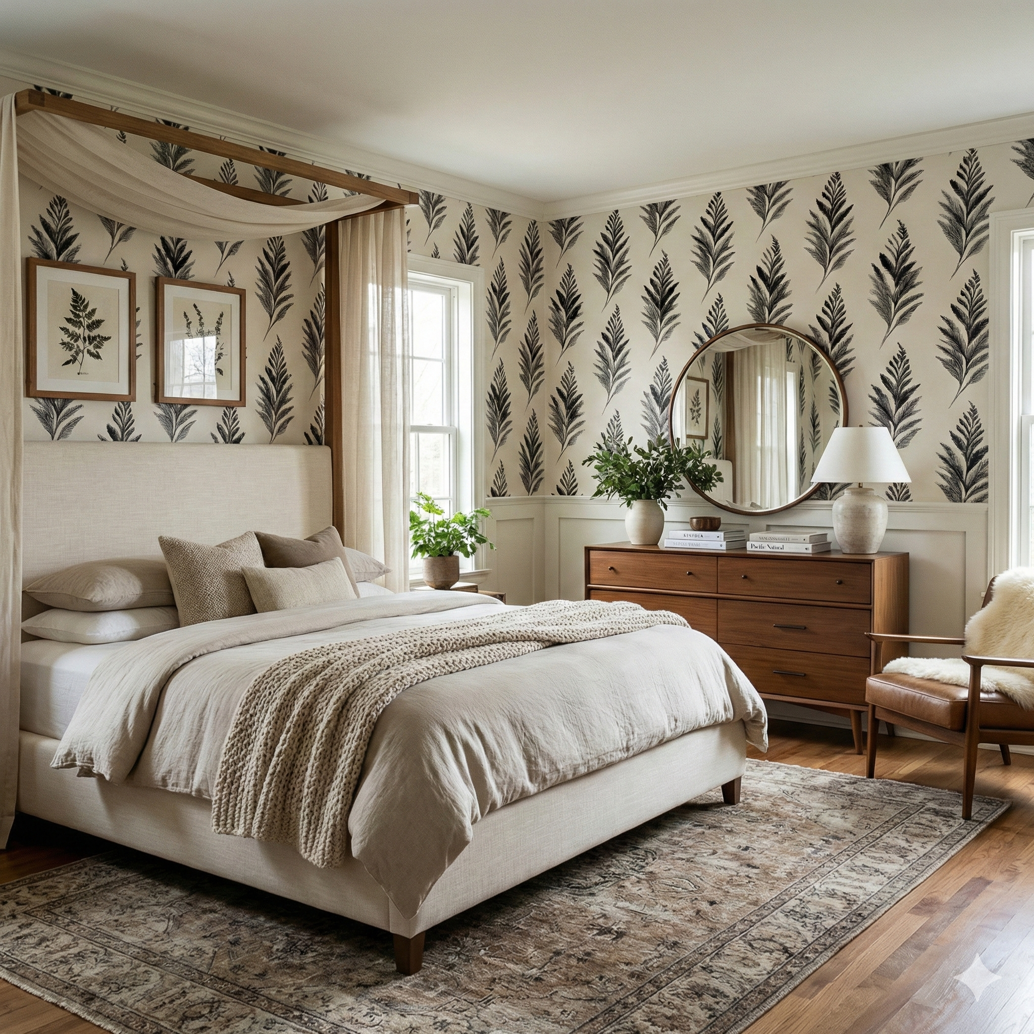 Blackthorn Plume Wallpaper with a feather pattern and contrasting tones.
