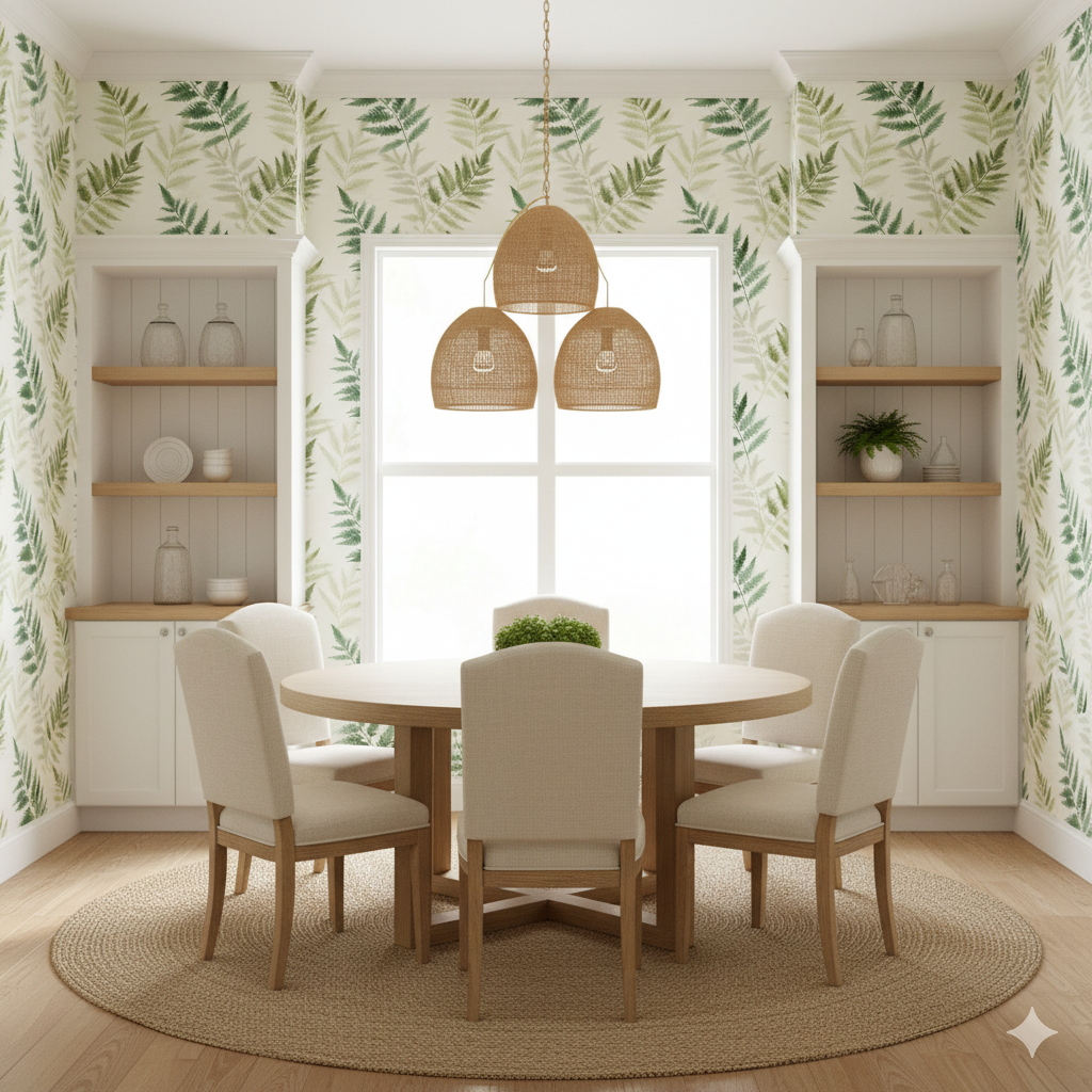 Verdant fern wallpaper featuring green leaves pattern on a white background.
