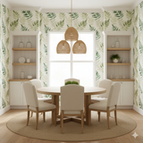 Verdant fern wallpaper featuring green leaves pattern on a white background.
