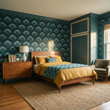 Floral wallpaper with blue and white flower pattern, in a bedroom setting.