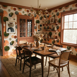 Abstract patterned wallpaper with colorful circle shapes and linear details.
