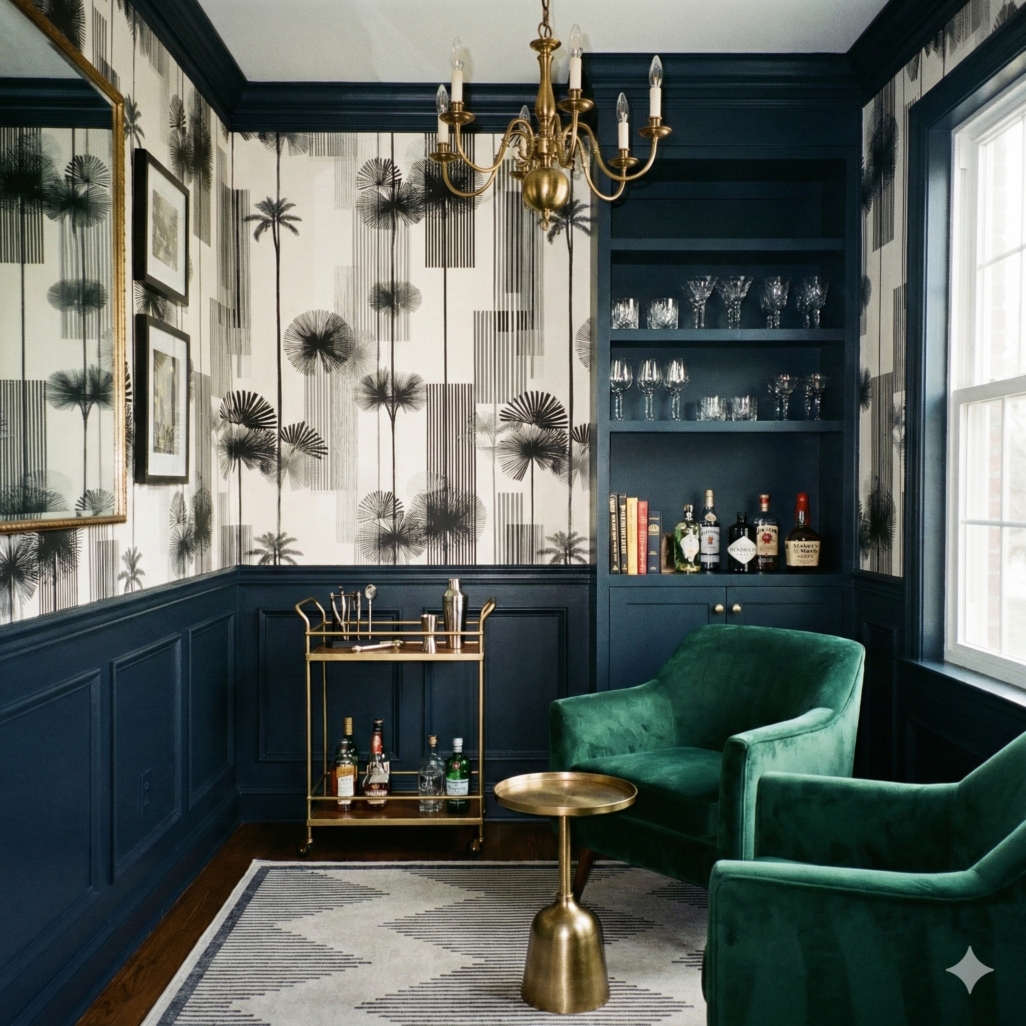Columnar wallpaper featuring black palm tree silhouettes with vertical line accents.