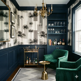 Columnar wallpaper featuring black palm tree silhouettes with vertical line accents.
