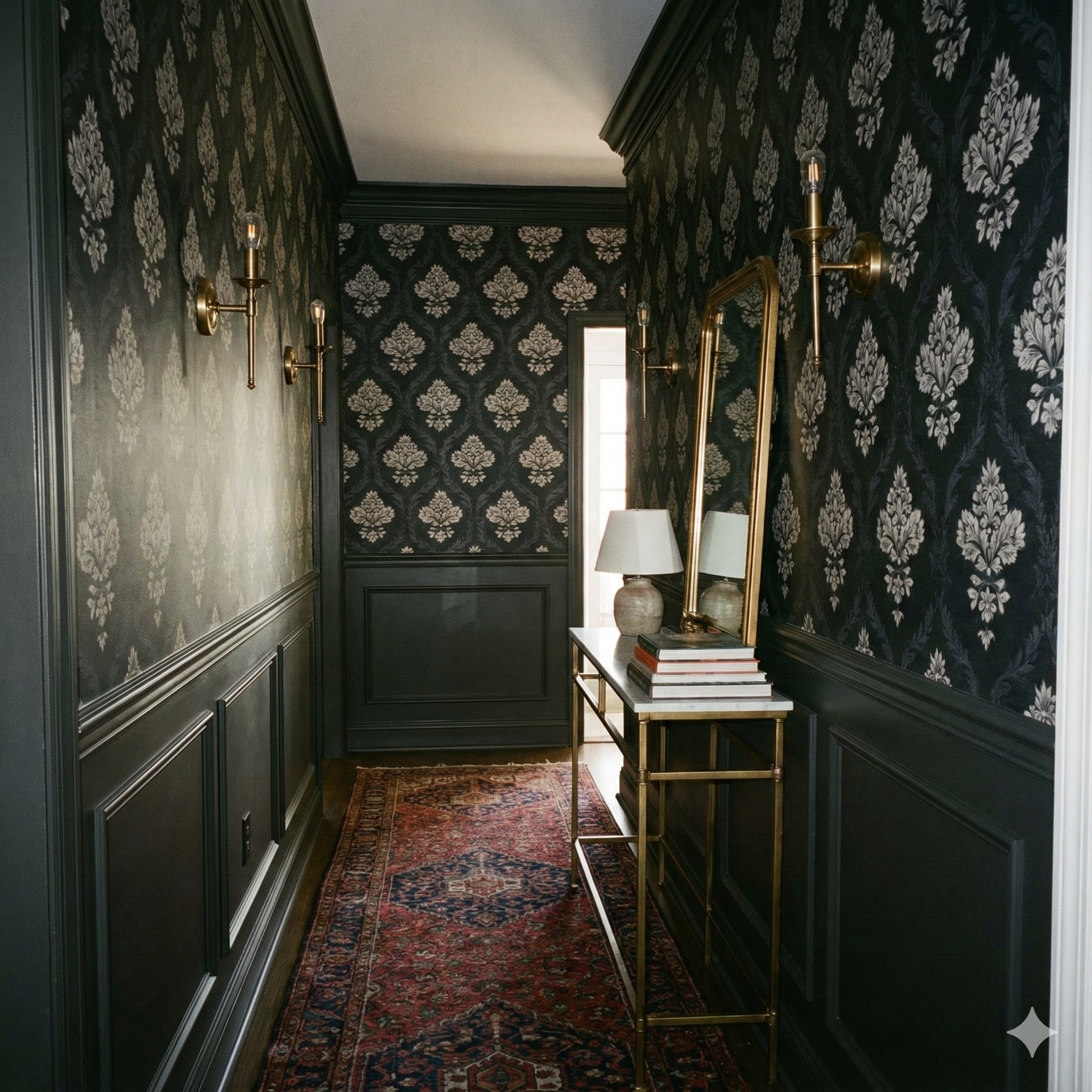 Blackwater Brocade Wallpaper with damask pattern on the walls of a hallway.