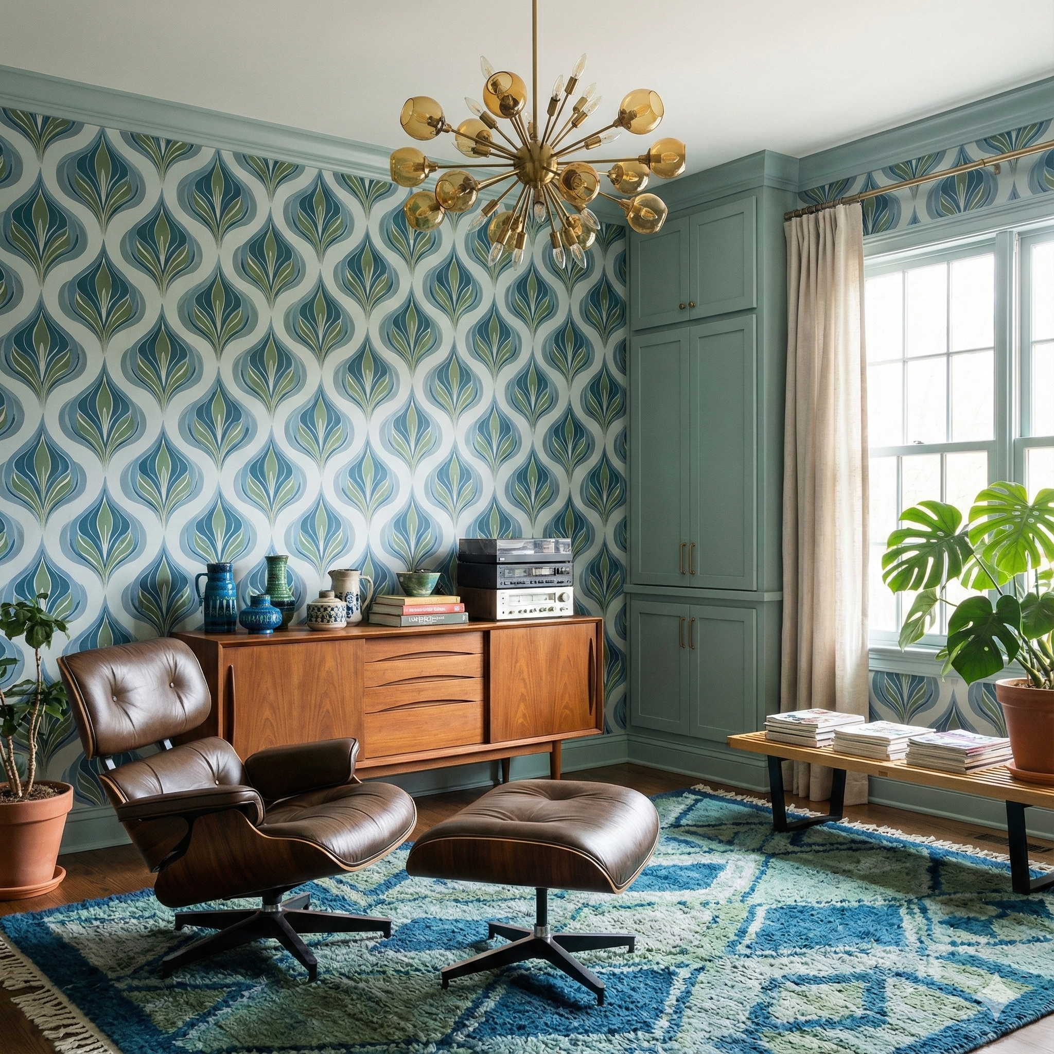 Lakeview Ogee Crest Wallpaper with blue and green organic pattern, covering the wall in a styled room.
