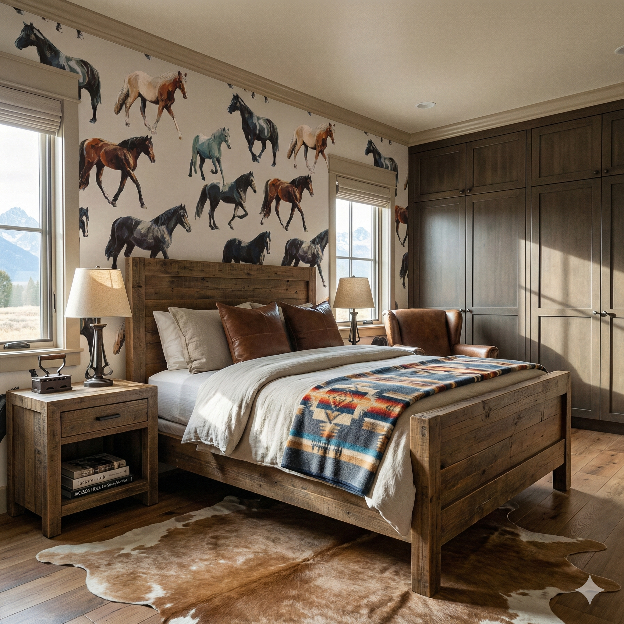 Painted herd wallpaper with a horse motif, covering a bedroom wall behind a wooden bed frame and nightstand.
