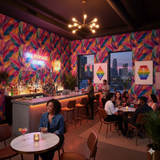 Colorful floral wallpaper with feather-like pattern, surrounding a trendy bar.