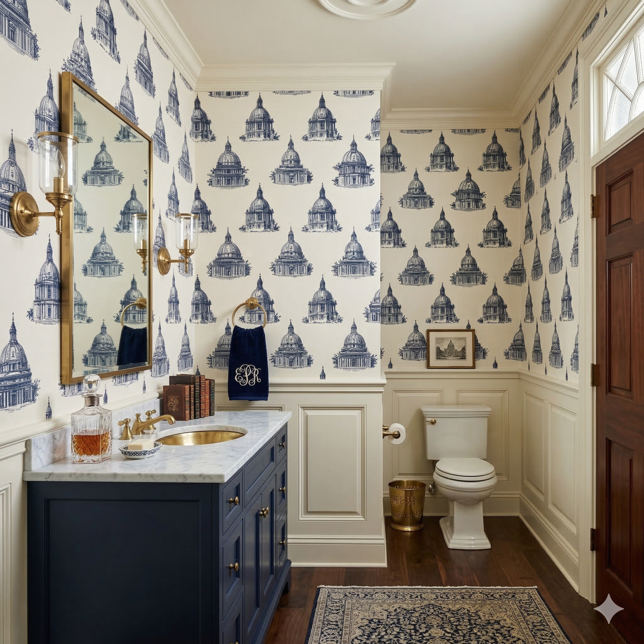 Velorum Rotunda Wallpaper with a building design pattern, covering the powder room walls.