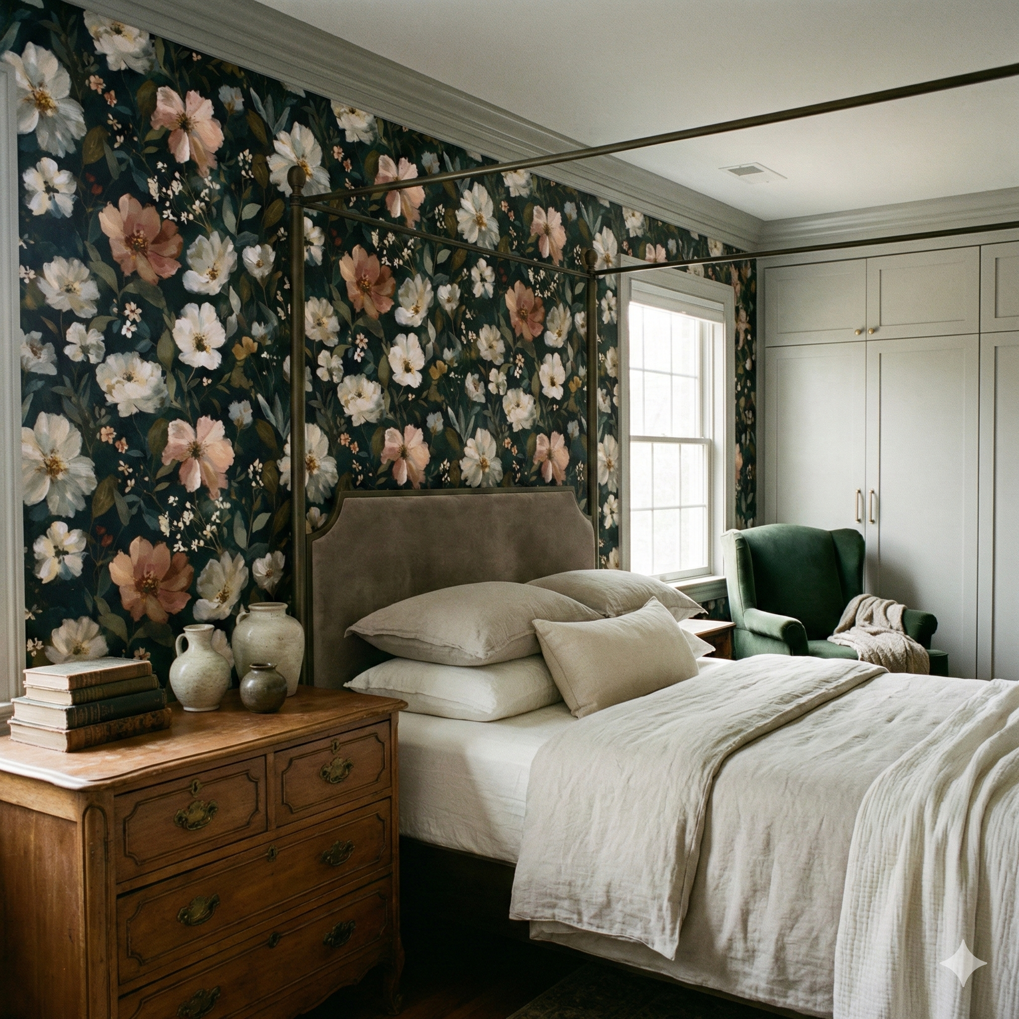 Floral bloom wallpaper in botanical style with peach and white flower pattern.
