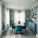 Dog-motif Windborne Lyra Wallpaper with light blue background and dog patterns covering the wall.