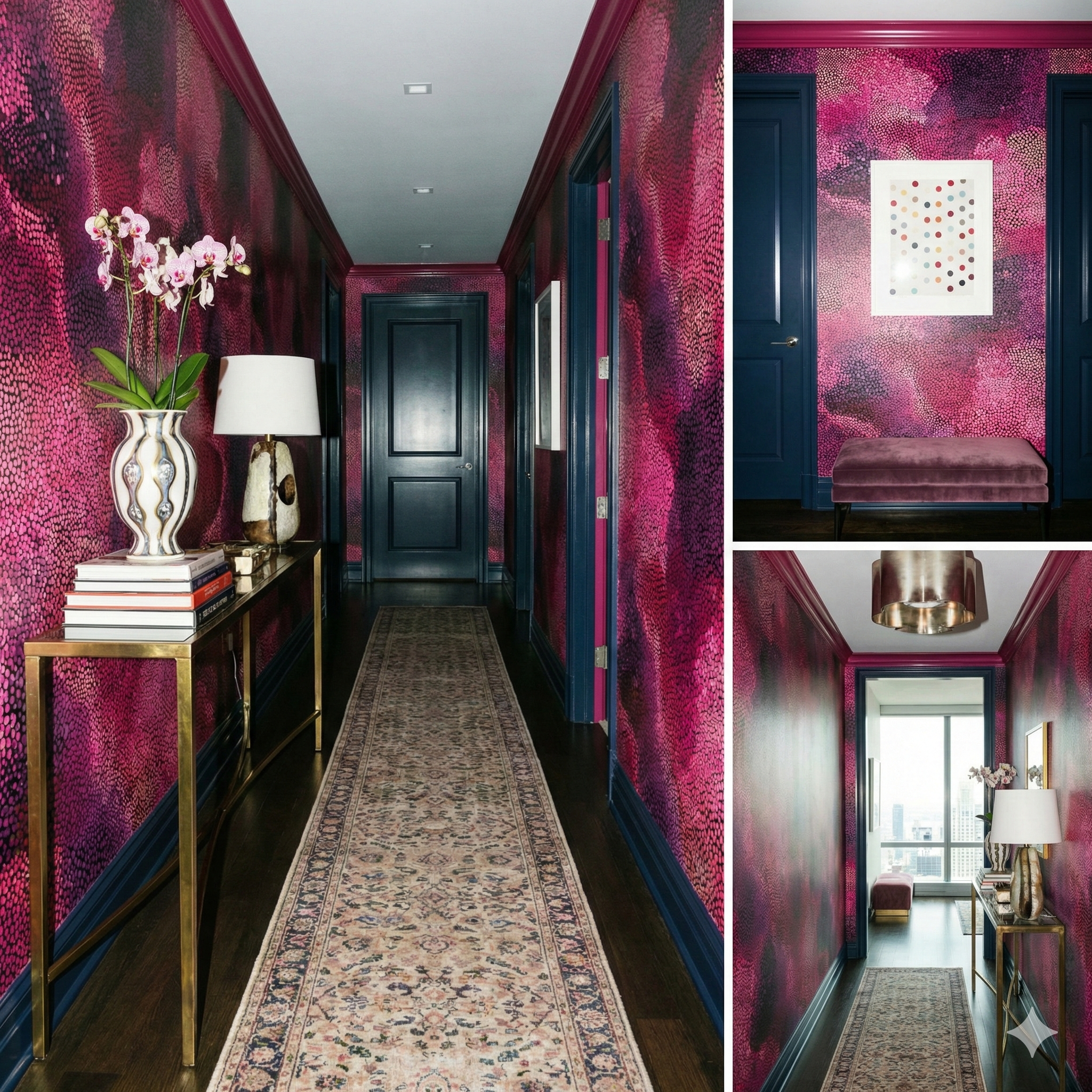 Garnet Nebula Wallpaper, a patterned design with pink and black hues, displaying a nebula effect on the walls of a hallway.