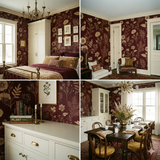 Crimson herbarium ledger wallpaper, featuring gold floral details.
