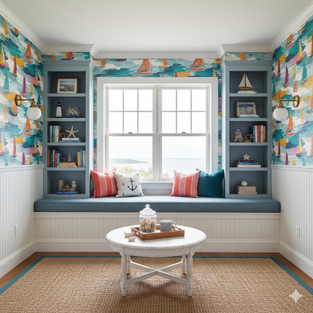 Côte Solaire Wallpaper with sailboat pattern, adorning built-in bookshelves and a window seat with nautical pillows.