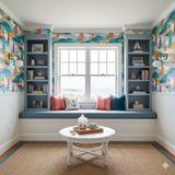 Côte Solaire Wallpaper with sailboat pattern, adorning built-in bookshelves and a window seat with nautical pillows.