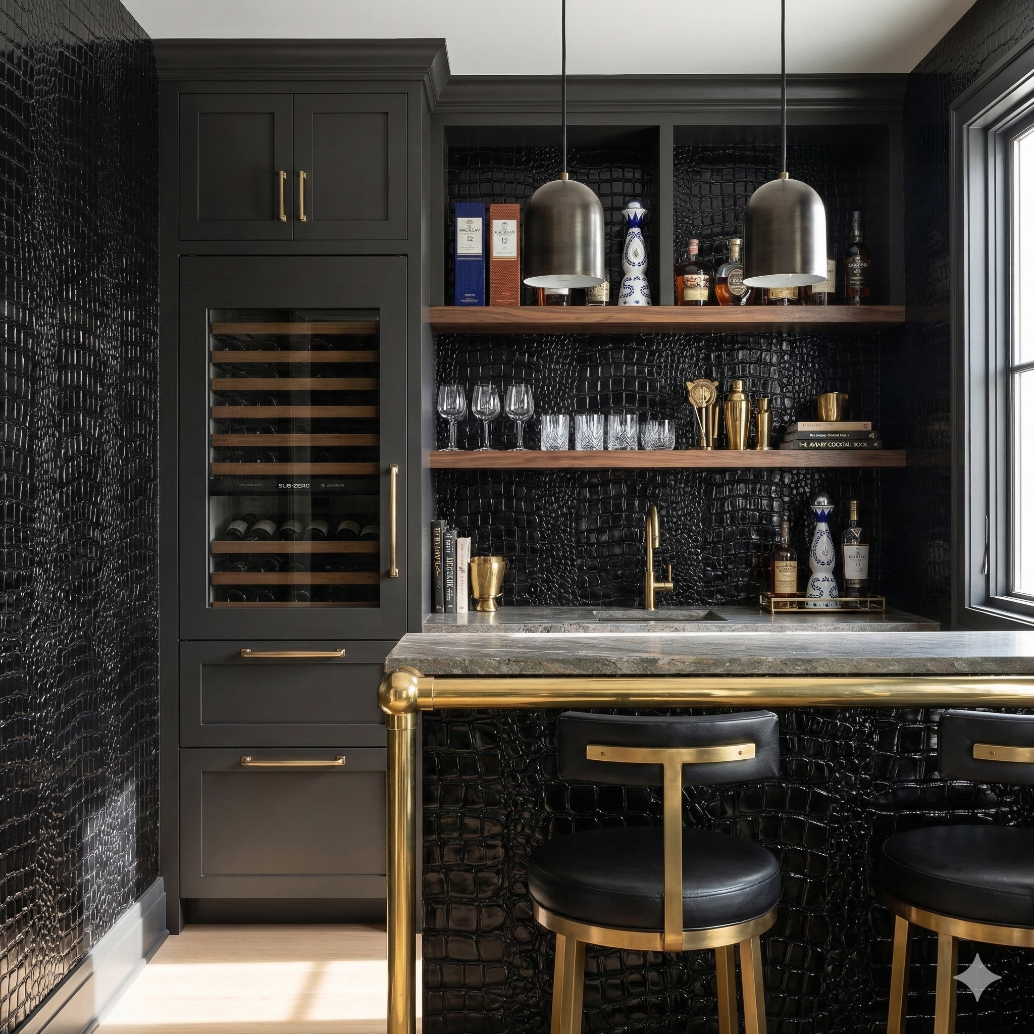 Black patent wallpaper with a reptile skin texture.