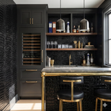 Black patent wallpaper with a reptile skin texture.