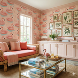 Coral drift flock wallpaper with a flamingo pattern covering the walls of a sitting room.

