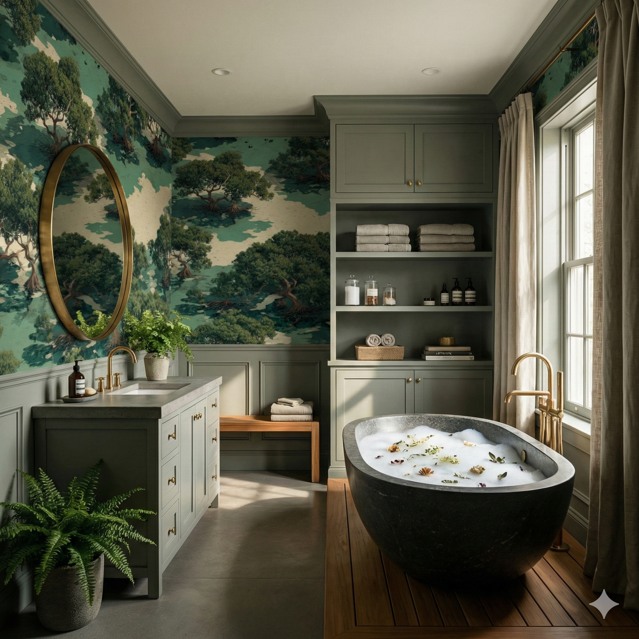 Everroot wallpaper featuring a green tree pattern on a light background, covering a bathroom wall.
