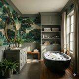 Everroot wallpaper featuring a green tree pattern on a light background, covering a bathroom wall.