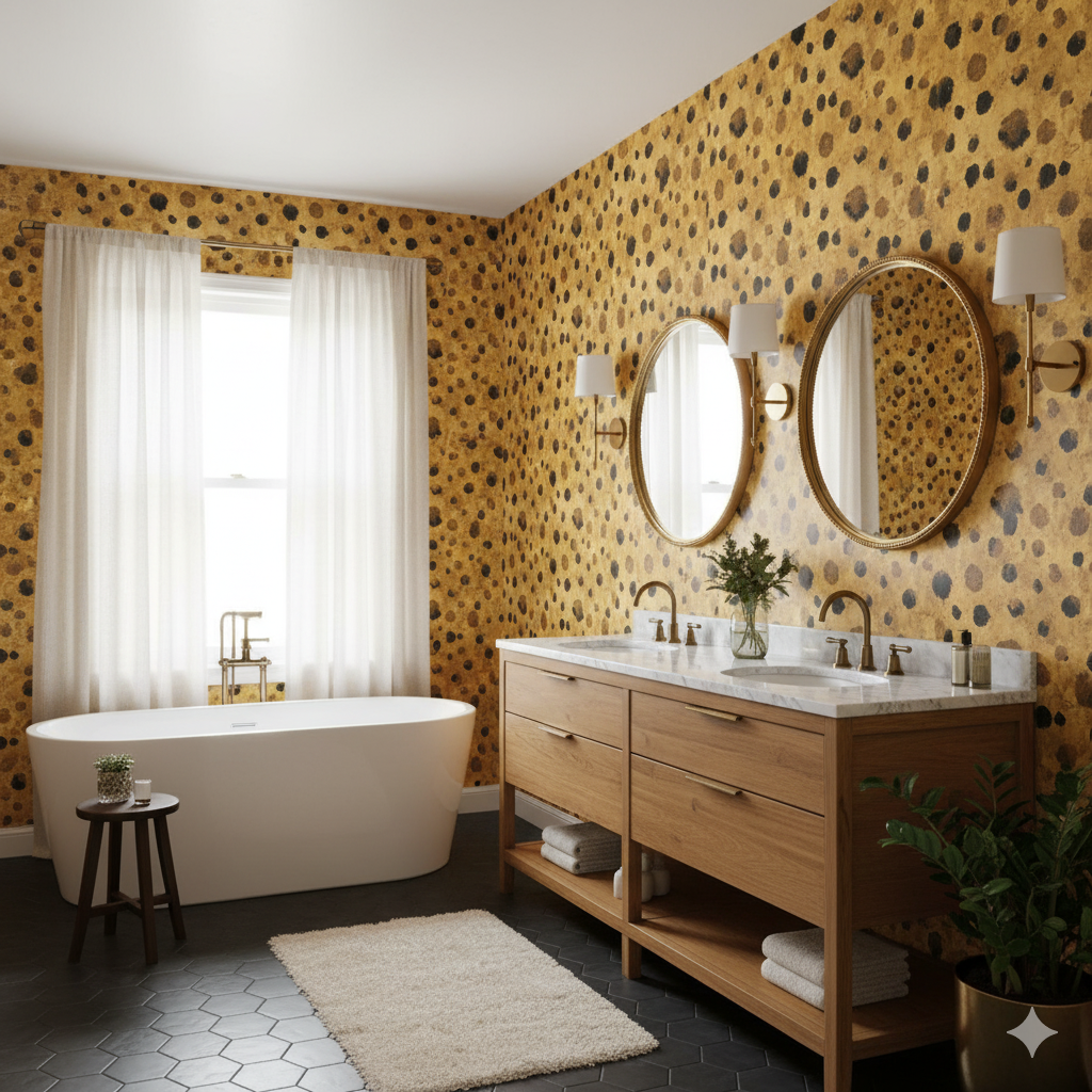Patterned wallpaper with gold and black spots, styled in a bathroom.