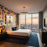 Polychrome pop wallpaper featuring red, yellow, and blue circles on a beige background.
