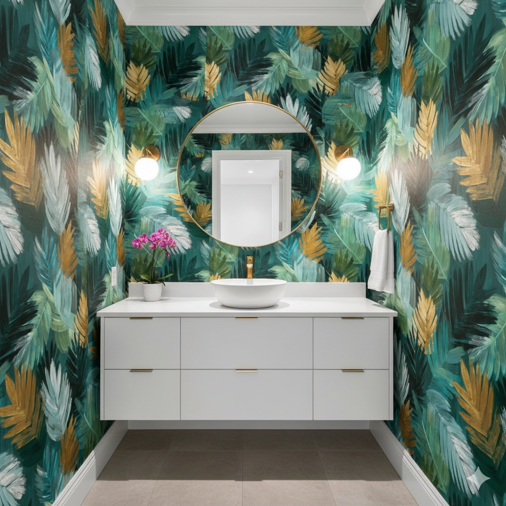 Leafy wallpaper with gold accents, featuring a tropical pattern, and displayed in a bathroom setting.